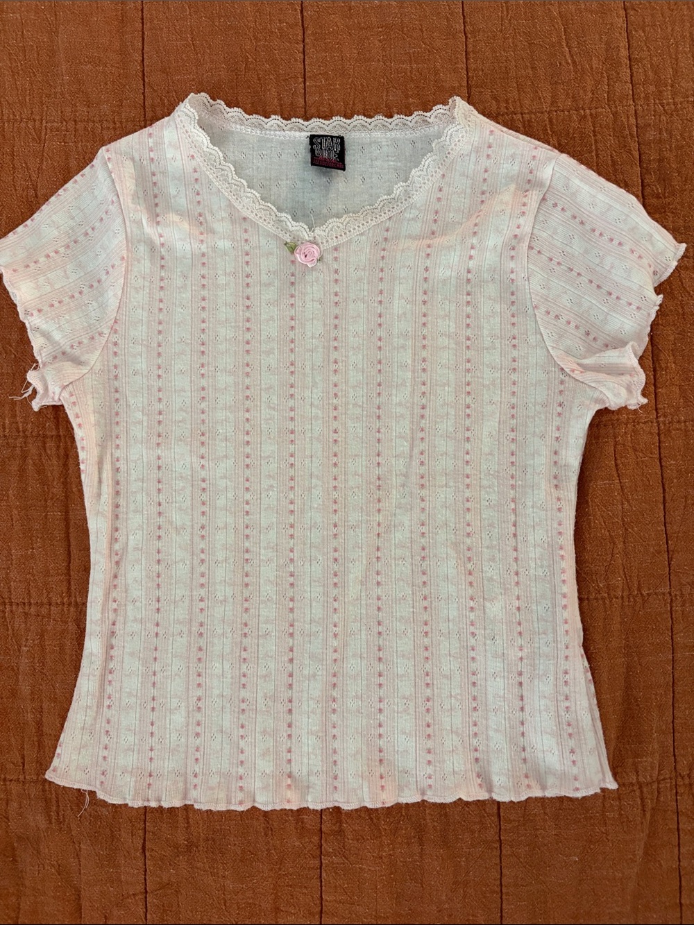 Girls' Light Pink Lace-Trim Ribbed Top